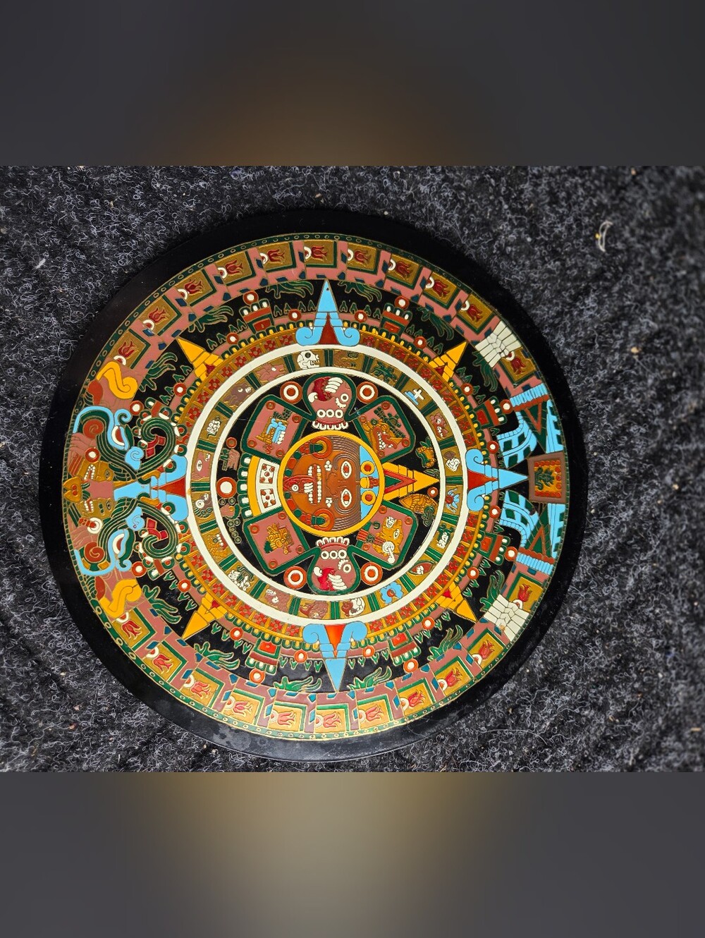 Large Vintage 1970s Mexican Aztec Sun Stone Calendar Wood Wall Plaque